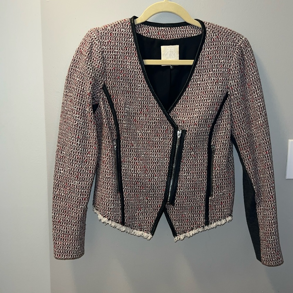 Rebecca Taylor Leather Trim Asymmetrical Zip Moto Blazer Jacket - Picture 1 of 15